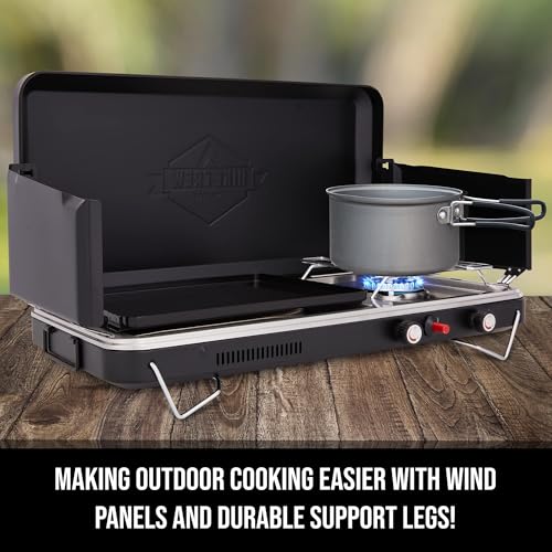 Hike Crew 2-in-1 Gas Camping Stove and Griddle, Portable Propane Burner w/Integrated Igniter & Stainless Drip Tray | Built-in Carrying Handle, Foldable Legs & Wind Panels | Includes Regulator by Hike Crew - Image 2