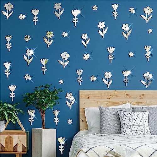 3D Flower Mirror Wall Sticker Floral Wall Stickers For Girls Bedroom Removable Silver Acrylic Mirror Wall Stickers Peel And Stick Wall Decals Art Mural For Living Room Bathroom Classroom Decor #TOP24