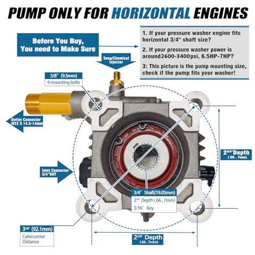 3400PSI Horizontal Pressure Washer Pump, 3/4\" Shaft Power Washer Pump Replacement Universal Power Washer Pumps for Pressure Washer