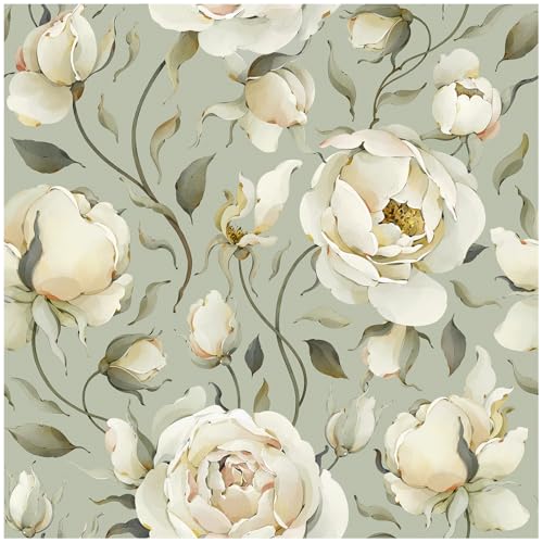 HAOKHOME Vintage Roses Floral Peel and Stick Wallpaper Peonies Removable Aqua/Beige/Olive Vinyl Self Adhesive Mural 17.7in x 9.8ft
