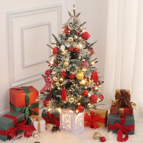 GarveeHome 3ft Small Christmas Tree Pre-Lit Artificial Christmas Tree with 78 Led Lights, Snow Flocked Xmas Tree with Brown Base, Timer Function, Battery Operated, for Home Decor