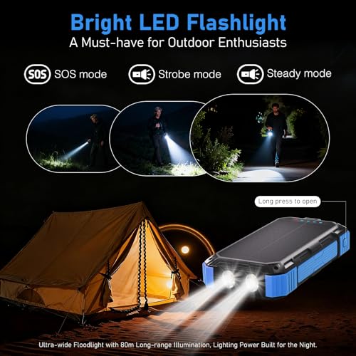Image of Solar Charger Power Bank 49800mAh, 22.5W PD Fast Charging Portable Phone Charger Built-in 4 Cables with USB C, Wireless Charger for Phone, Dual Flashlights, Solar Battery Charger for Outdoor Camping