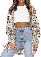 LACOZY Women's Casual Long Sleeve Flannel Shirt Buffalo Plaid Slim Fit Blouse Oversized Shirts Apricot Large