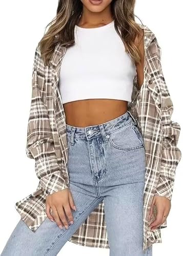 Image of LACOZY Flannel Shirts Women Long Sleeve Button Down Shirt Buffalo Checked Blouse Tops Coats Apricot X-Large