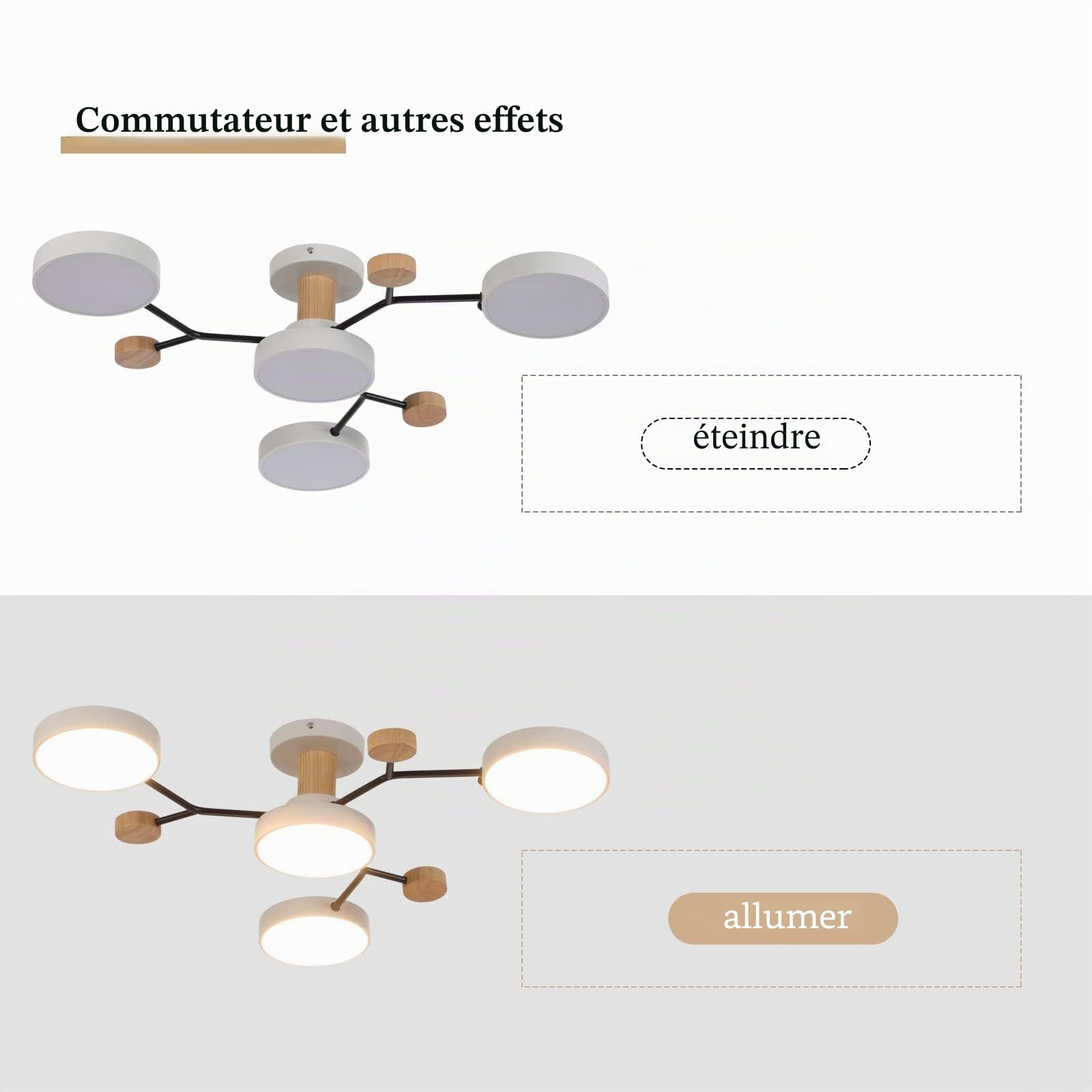 Plafonnier LED 4 têtes 36W Blanc Chaud 3000K Bois Ø66cm Salon Cuisine Salle à Manger