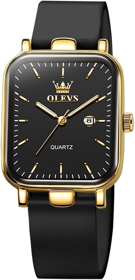 OLEVS Watch for Women Casual Fashion Square Dial Black Silicone Strap Elegant Dainty Quartz Waterproof Watches Easy Read