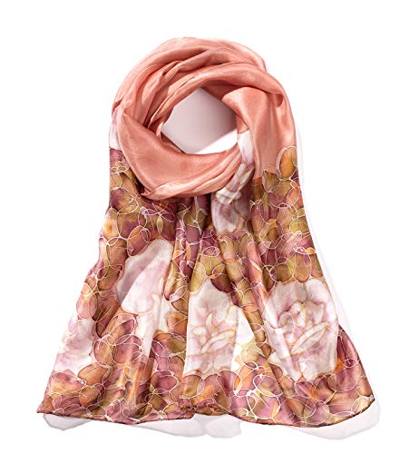 Invisible World Foulard Seta da Donna 100% con Rosa y Fiori Lunga Dipinta a Mano per Collo, Testa o Capelli - Rosa