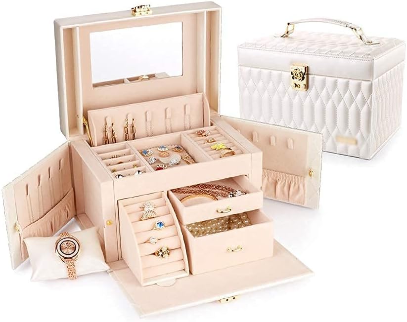 Jewelry Box Double-Layer Leather Jewelry Box Necklace Hangers Large Capacity with Lock Semi-Automatic Lifting Opening and Closing