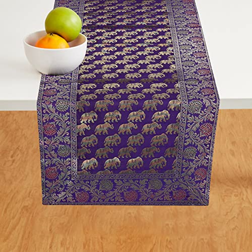 Indian Handmade Elephant Design Brocade Silk Table Runner Traditional Banarasi Wedding Silk Table Runner Table Decor Cloth 60 X 16 Inch #TOP1