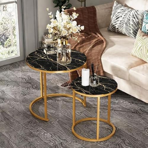 Image of Brown Arts Shoppee Round Nesting Tables Simple Modern Small Round Table MDF Top Metal Table Living Room Sofa Set of 2 (Golden Black)