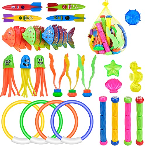 balnore 28 Piezas de Buceo Juguetes de Buceo Piscina bajo el Agua Juego de Buceo Anillo de Buceo niños Piscina de natación Juguete Bolas de Buceo Bandidos Torpedo con Bolsa de Transporte Cover