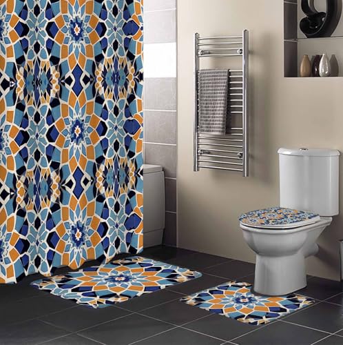 Morocco Orange Bathroom Set with Shower Curtain and Rug Accessories - 36x72 Inches Long Blue Boho Retro Flower Pattern Abstract Stall Curtain Waterproof with Small Bath Mat,Washable Runner Rug Set