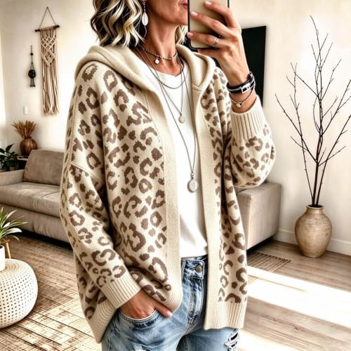 Cheetah Print Sweater for Women Open Front Knit Cardigan with Hood Top - image 2