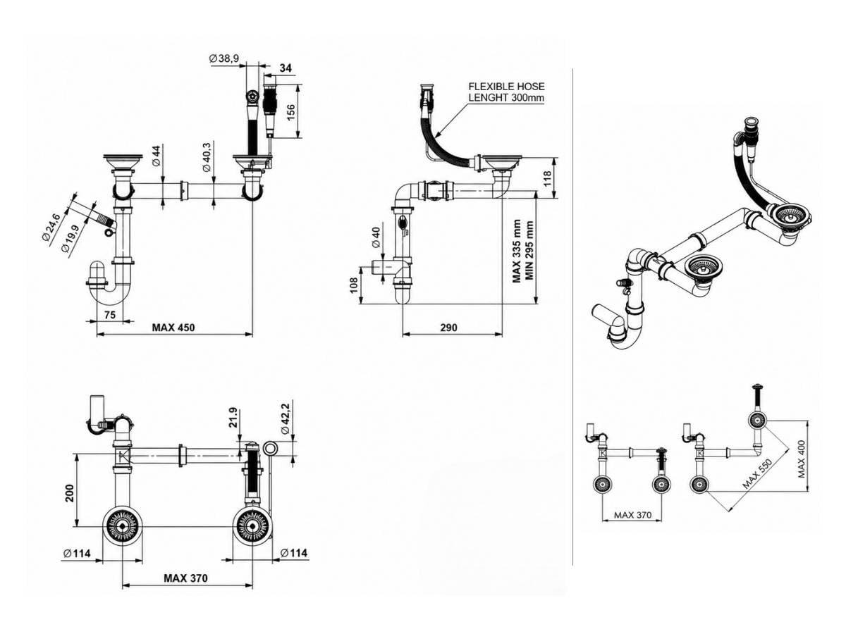 GranMaster Premium Raumsparsiphon für 2-Becken-Spülbecken Gunmetal – Ablaufgarnitur mit Exzenterbedienung, rundem Überlauf und Geräteanschluss für Waschmaschine/Geschirrspüler