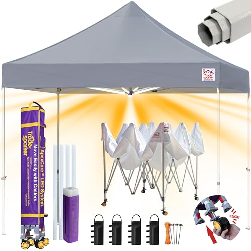 Image of Tradesparker 10x10 Pop Up Canopy Tent,Commercial Movable Canopy with ApexCore LED&Rugged Casters-Instant Easy Setup Shelter Canopies with Weight Bags&Stakes for Outdoor Events Markets Vendors,Grey