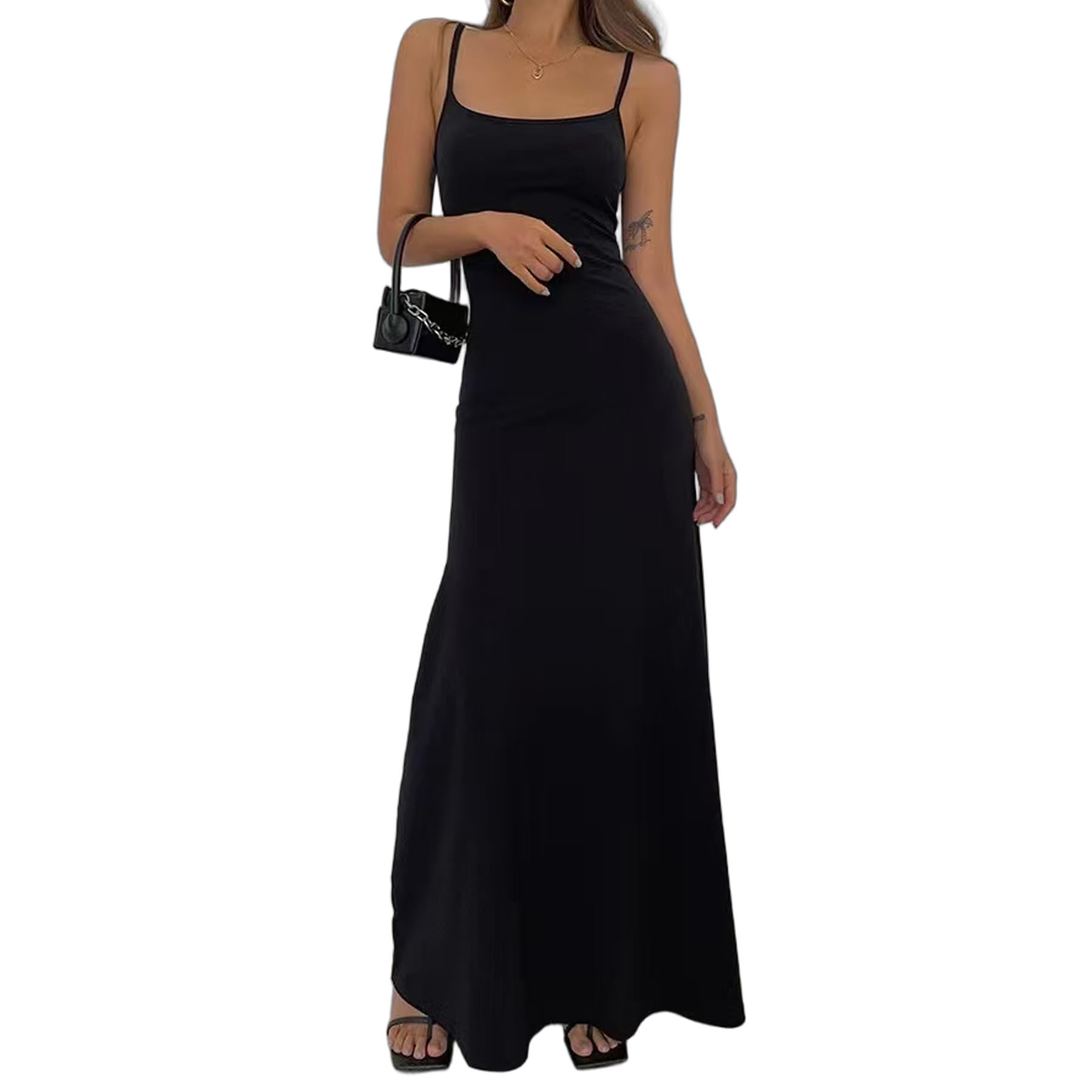 Vestito Lungo Donna Spaghetti Strap Senza Maniche Aderente Casual Abito Lunghi Sexy Senza Schienale Bodycon Maxi Abiti Estivo Elasticizzato Vestiti da Festa per Cocktail Cerimonia Discoteca