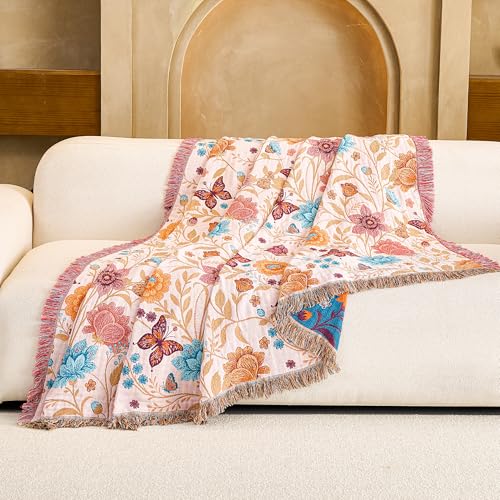 Image of VANJOROY Boho Throw Blanket, 100% Organic Cotton Breathable Ultra Soft 60 inch x 80 inch Bed Quilt Throw - All Season Floral Rustic Farmhouse Decor Luxury Reversible Blanket for Sofa Couch Chair and Gift