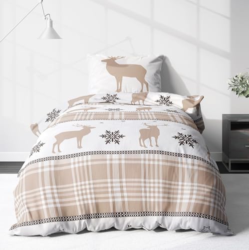 Weihnachtsbettwäsche Biber 13 Biber Bettwäsche-Set 135x200 cm Beige Weiß - Flauschige...