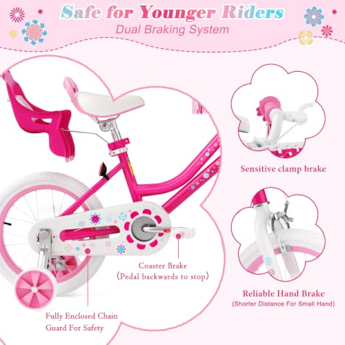 Image of Glaf Toddler Girls Bike for Age 2-12 Years Old | 12 14 16 20 Inch Kids Bike Girls Bicycle with Training Wheels,Basket,Doll Seat,Princess Style Kids Bicycle Gift