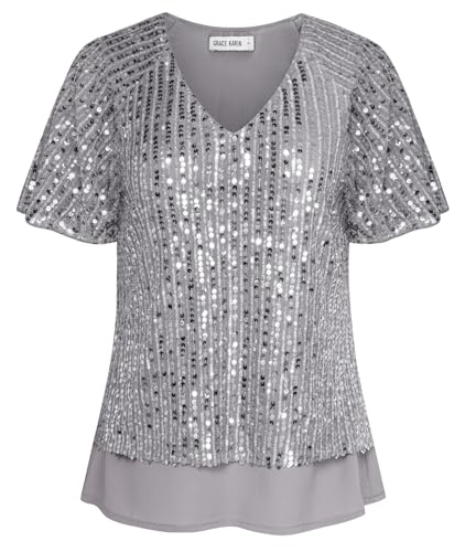 GRACE KARIN Funkelnde Glitzer-Pailletten Damen Vintage Top Elegant V-Ausschnitt Kurzarm Paillettenoberteil für Shows Neujahr Silbergrau M