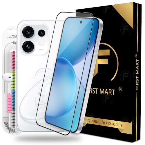 Image of FIRST MART Tempered Glass for Oppo Reno 16, 9H 0.3 mm Full-Glue Screen Protector with Cable Protector, 3D Edge-to-Edge, HD Clear, Case-Friendly, Black, Pack of 1