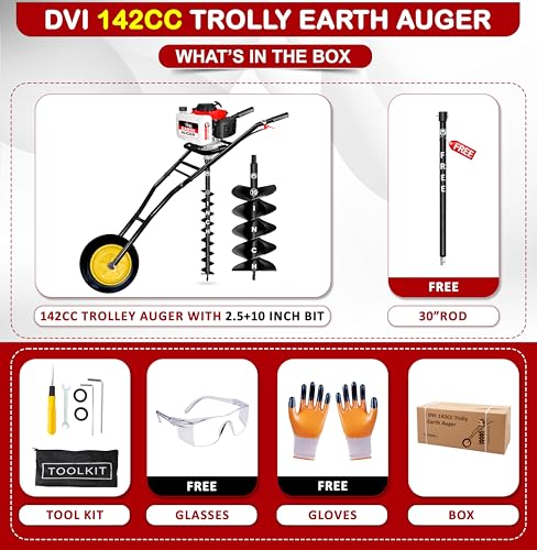 Image of DVI 142CC Trolley Earth Auger Machine, 4-Stroke Petrol Engine - with 2.5 Inch + 10 Inch Double Spiral Planter Bits & Free Extension Rod | For Plantation, Fencing & Post Hole Digging in All Soil Types.