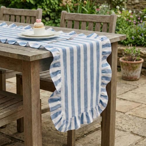 Tegeme Blue and White Ruffle Table Runner 100% Cotton Table Runner for Home Dinner Birthday Party Decoration Baby Shower Dining Room Kitchen Decor (13"x72",Wide Stripes)