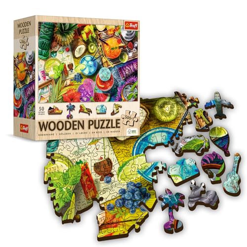 Trefl Puzzle en Bois, Cocktails colorés - 500+1 éléments, Artisanat en Bois, Formes irrégulières, 50 Figurines de Voyage, Puzzle Moderne de qualité supérieure pour Adultes et Enfants à partir de 12