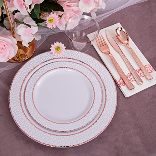 Pulote 175Pcs Rose Gold Plastic Plates - Rose Gold Hammer Plates With Rose Gold Plastic Silverware Include 50Plates,25Knives,25Spoons,25Forks,25Cups,25Napkins Ideal For Wedding&Party #TOP4