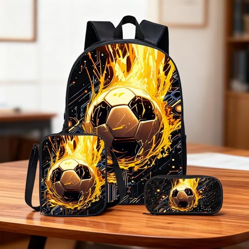 Conjunto de mochila com tema esportivo de 3 peças – Mochila com estampa de bola de futebol verde com lancheira isolada e estojo de lápis – Mochila casual para academia e viagem