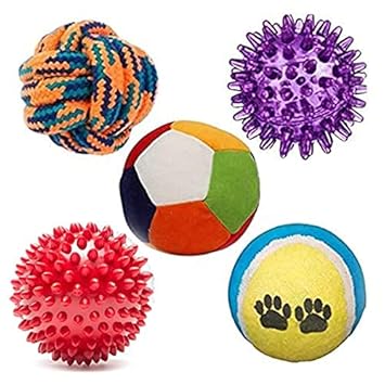 Dog Trust Puppy Ball 5 in 1 Combo - Rattle Ball | Tennis Ball | Squeaky LED Ball | Spike Red Hard Ball | Cotton Ball -Combo of Dog Toys|