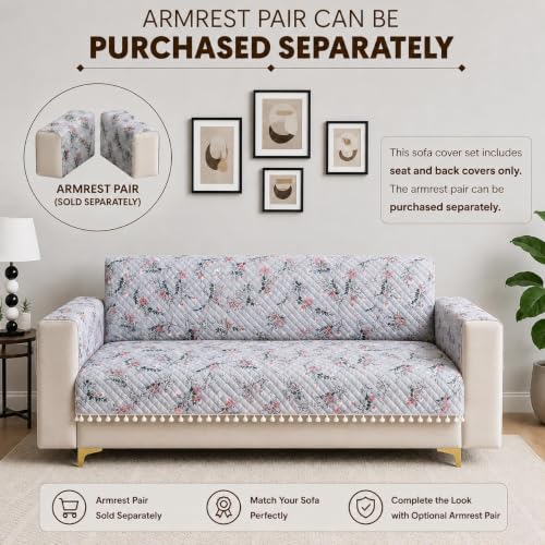 Image of Homerz Premium Printed Quilted Velvet Sofa Slip Cover Protector with Tassels, Sofa Mat, Exact Size, Antislip Cover (Grey Autumn, 2 Seater, Full)