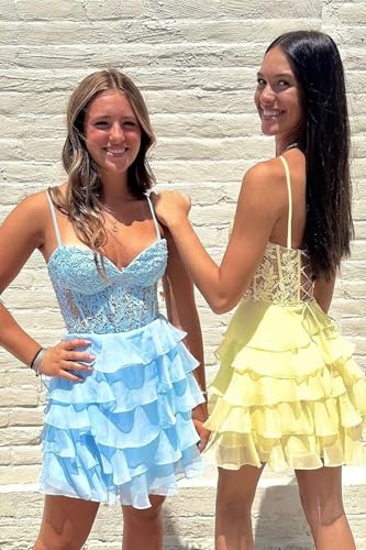 Spaghetti Straps Tiered Homecoming Dresses Short Prom Dress for Teens 2025 Lace Appliques Chiffon Cocktail Dress3