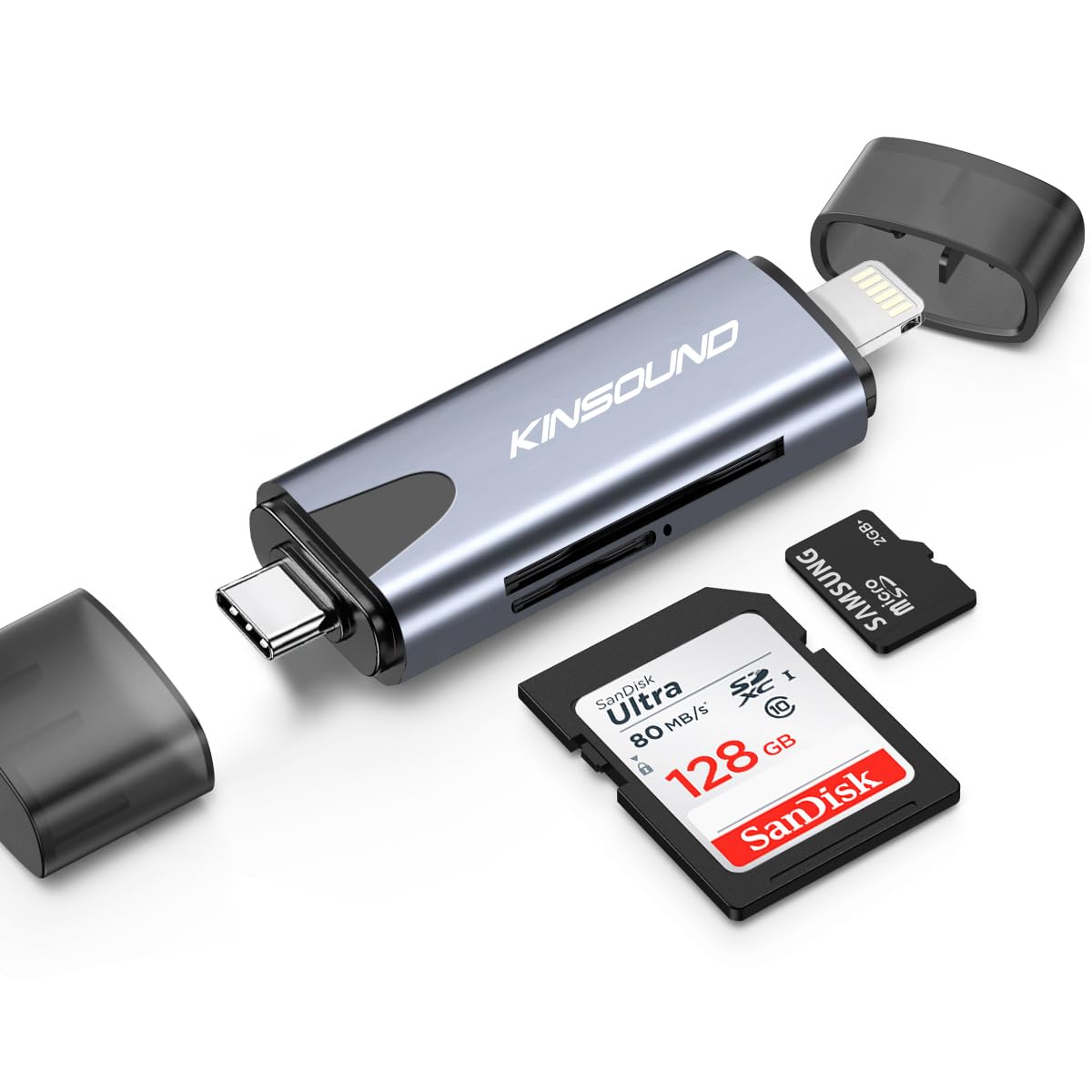 Kinsound 4 in 1 SD & TF Card Reader for iPhone with Type-C, Lighting Ports, Portable Memory Card Reader Compatible with TF, SD, SDHC, SDXC, MMC, RS-MMC, Micro SDXC for iPhone & Android Phone