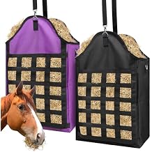 Loyala Hay Bag Goat Hay Feeder Slow Feed Hay Bags 600D Oxford Cloth Hay Bags for Horses Goats Sheep Donkeys Cows Black & Purple Grid