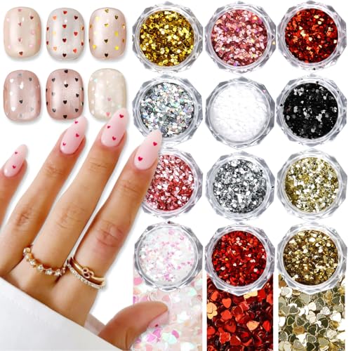 3D Heart Nail Art Flakes, 12 Jars Holographic Glitter Mini