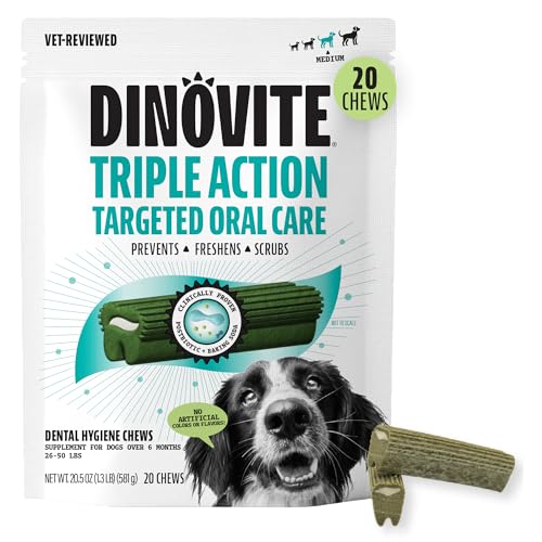 Dinovite Dental Chews for Dogs Triple Action Dental Dog Treats for Medium Breeds Clinically Proven to Prevent Plaque & Tartar While Freshening Breath Fresh Mint Flavor Made in USA 20 Count