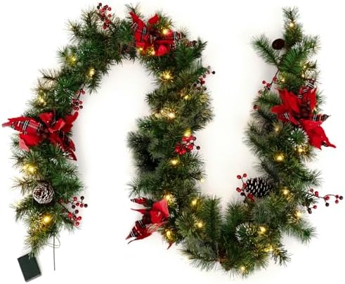 Guirlande De Noël 270 Cm – 50 LED Avec Minuterie, Couronne Épicéa Artificielle Vert Et Blanc, Boules Argentées, Pommes De Pin Et Houx Pour Cheminée, Escalier, Sapin