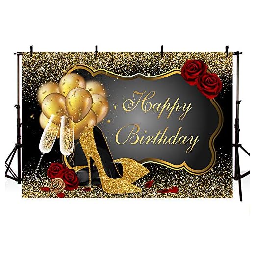 MEHOFOTO 8x6ft Gold and Black Photo Background Props Shiny Sequin Gold High Heels Balloons Champagne Adult Woman Red Rose Happy Birthday Party Decorations Banner Backdrops for Photography