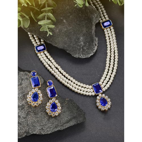 Image of Peora Crystal Faux Pearl Kundan Necklace & Jewellery Set Gift for Women
