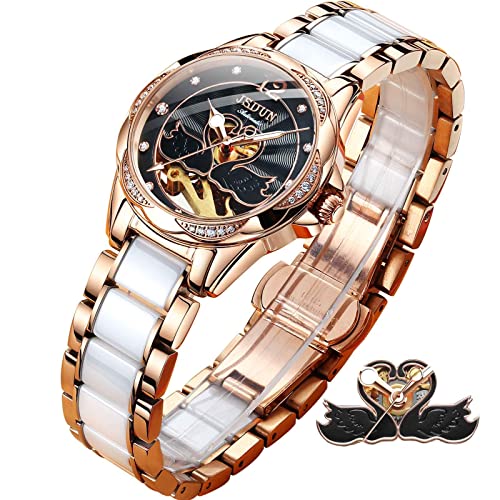JSDUN Ceramic Watches for Women Automatic Ladies Watch Black Swan Mechanical Rose Gold Women's Wrist Watches Diamond Elegant Skeleton No Battery Female Watch Waterproof Luminous