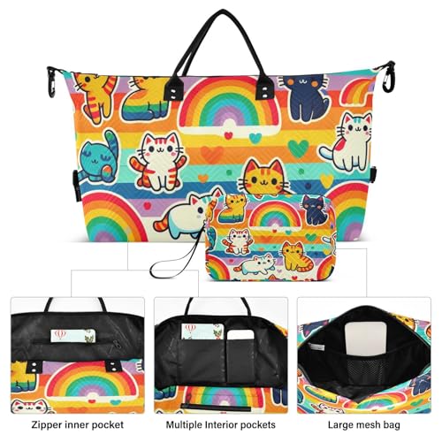 Cute Rainbow Cats Travel Duffel Bag, Shoulder Weekender Overnight Bags - Large Gym Bag with Wet Pocket2