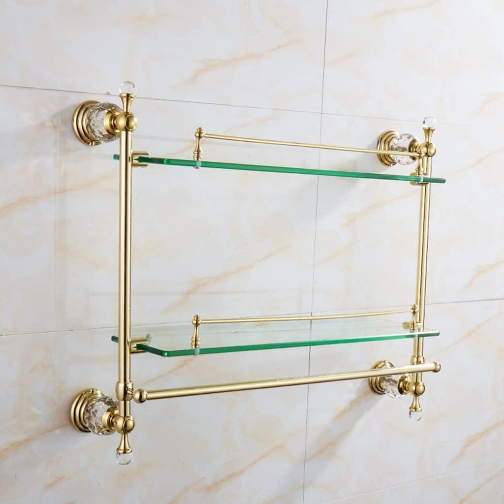 Mensola da bagno in vetro temperato color oro trasparente con barra portasciugamani a 12 strati da parete per doccia, elegante design rettangolare, supporta 9,1 kg, 50 x 16 cm, perfetta per