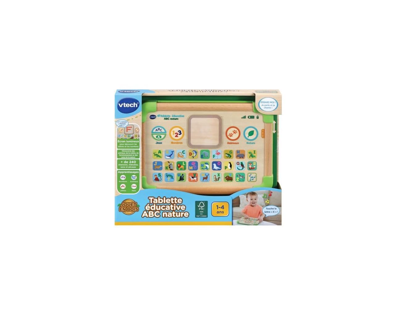 VTech - ABC Nature Tablet edukacyjny, interaktywny i sensoryczny tablet dla dzieci, częściowo wykonany z drewna, alfabet zwierzęcy, prezent dla dziewczynki i chłopca od 1 roku życia - Zawartość w