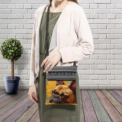 French Bulldog Messenger Bag Small Ethnic Pattern Printed Adjustable Strap Crossbody Zipper Bag French Bulldog Phone Bag Wallet Cute Shoulder Handbag for Women3