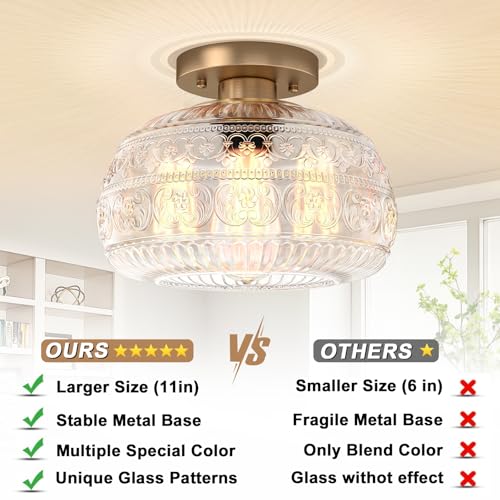 Semi Flush Mount Ceiling Light Fixture, 11" Vintage Gold Hallway Lights Fixture Ceiling with Clear Glass for Kitchen, Hallway, Bathroom and Entry Way,Compatible with E26 Light Bulb