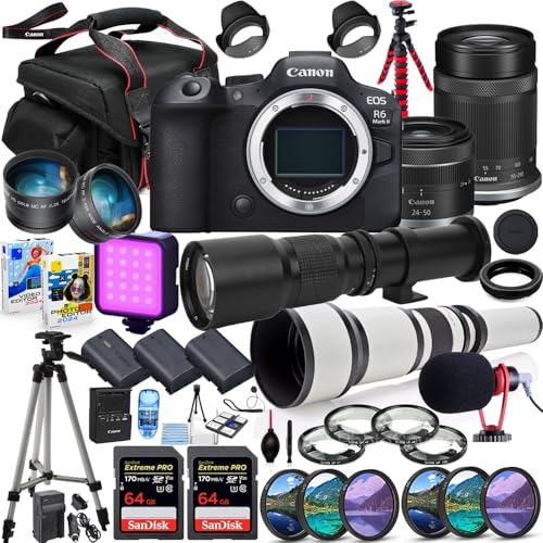 Canon EOS R6 Mark II Mirrorless Camera with 24-50mm & 55-210mm Lens Bundle + 500mm & 650-1300mm Telephoto + Acc Package Including 128GB Memory, Mic, LED Light, Software & More (41 Pieces) (Renewed)