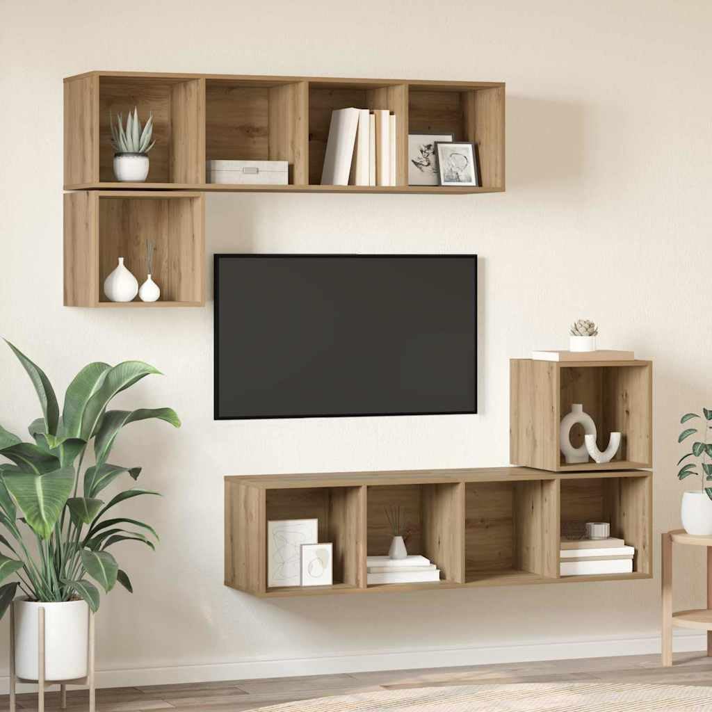 TV-Schrankset Wandmontiert 4-teilig, Artisan-Eiche Holzwerkstoff, Modernes Media-Center, Platzsparendes Design, für Wohnzimmer und Schlafzimmer