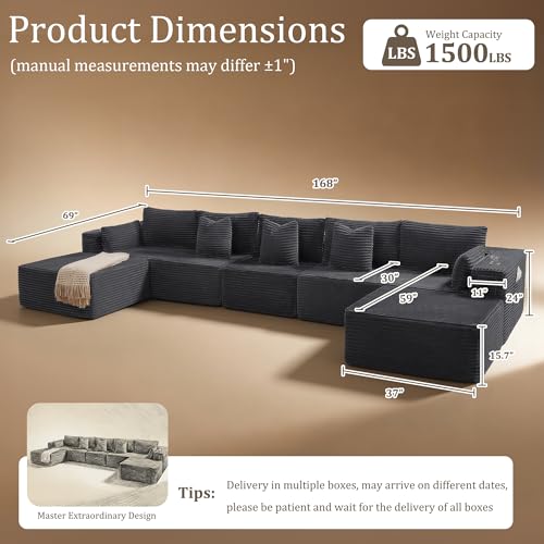 Image of 168 inch Cloud Sectional Couch, Comfort U Shaped Sofa for Living Room, Extra Deep Seats No Assembly, Minimalist Modular Couch, Corduroy (Dark Grey, 7 Seats,U-Shape A)
