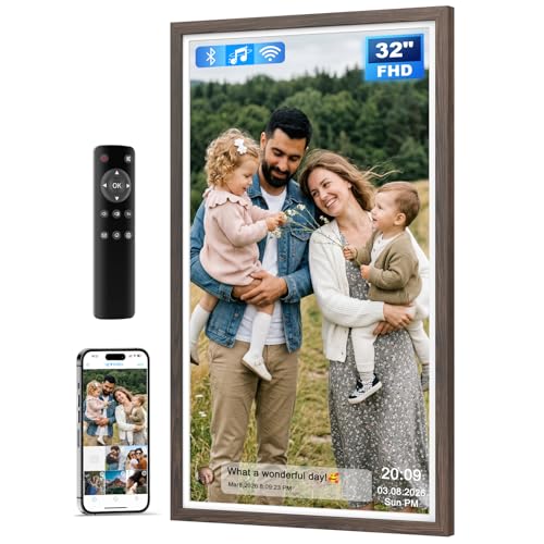 Image of 32 inch Large Digital Picture Frame, 64GB, Anti-Glare Non-Touch, WiFi Wall-Mount Frame for Home /Business, 1920x1080 FHD, Share via App, Email, USB & Micro SD, Remote Included, Dark Wood Pattern